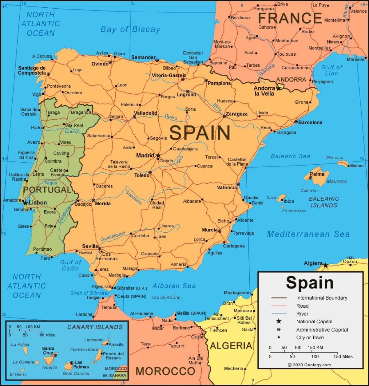 карта Испании и соседних стран